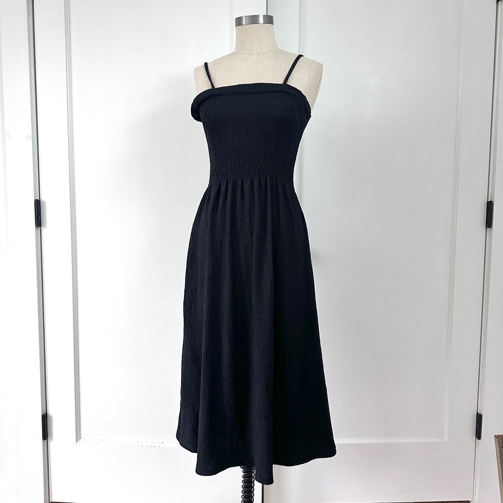 H&M Black Smocked Crinkle Midi Dress Square‎ Neck Spaghetti Strap XS